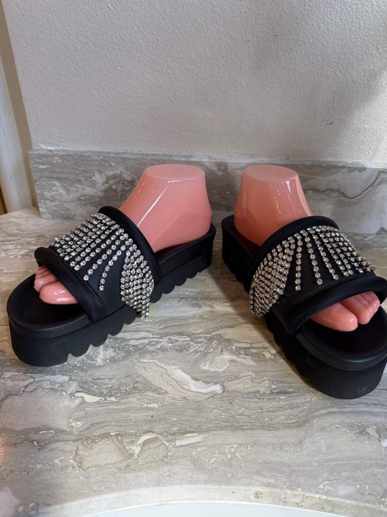 Area Black Crystal Fringe Platform Slide Sandals